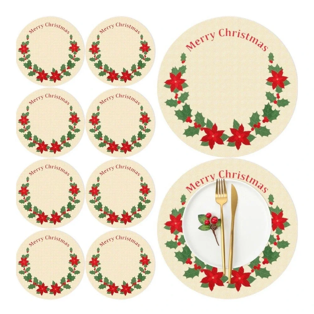 Remerry Poinsettia Round Christmas Placemats Set of 8,Flower Xmas Red Embroidere